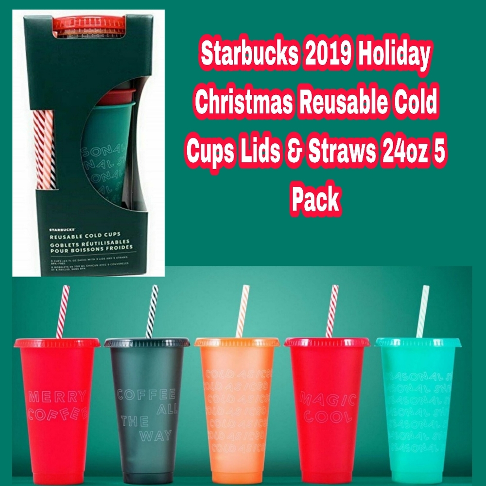Starbucks Holiday Winter Reusable Cold Cups 5 pack w/ Straws New Christm…